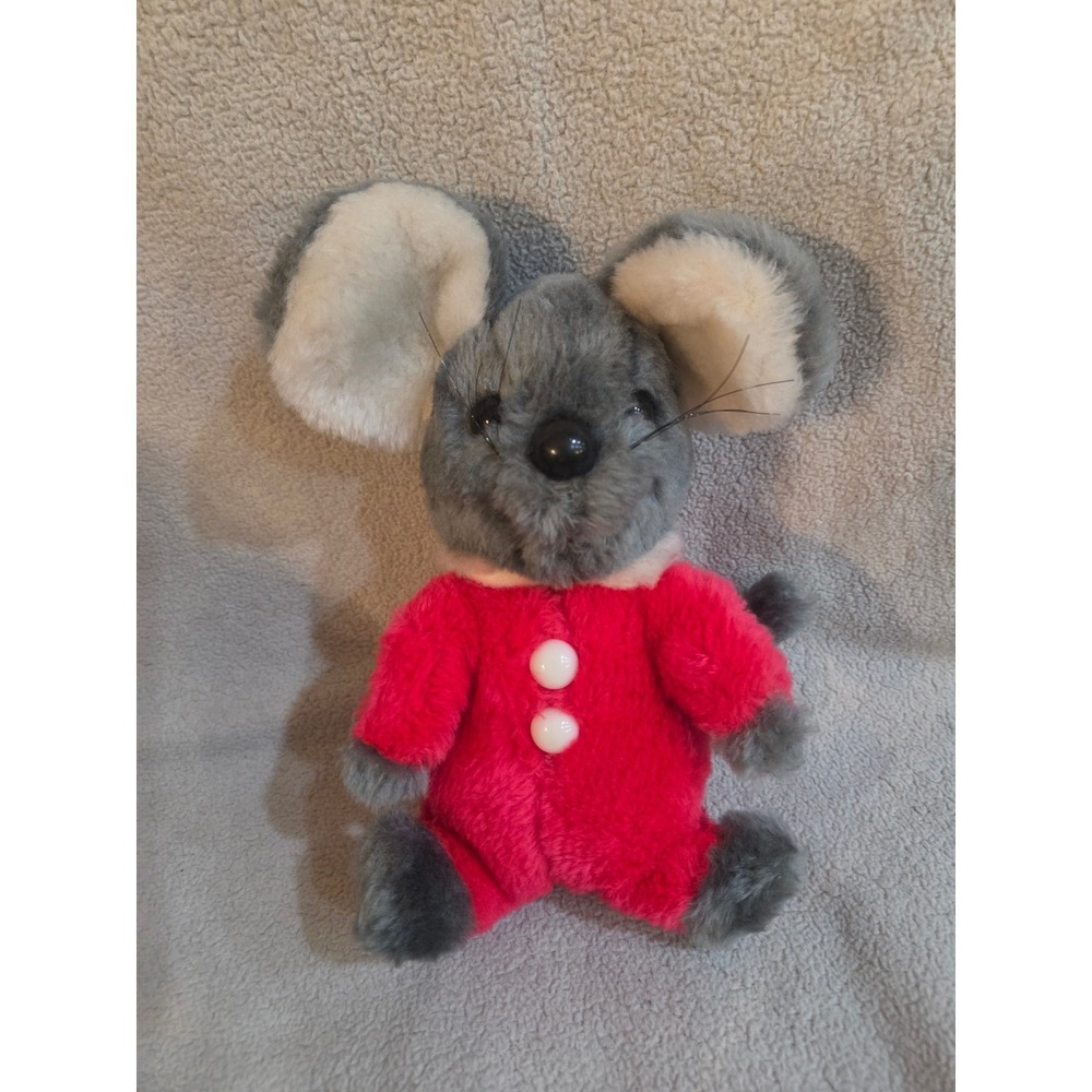 Vintage Grey Mouse Whiskers Plush Red Outfit Made in Korea 8.5 Inch Old